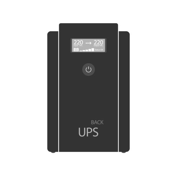 Professional uninterruptible power supply with digital display and large button. Flat vector illustration Professional uninterruptible power supply with digital display and large button. Flat vector illustration. ups power supply stock illustrations
