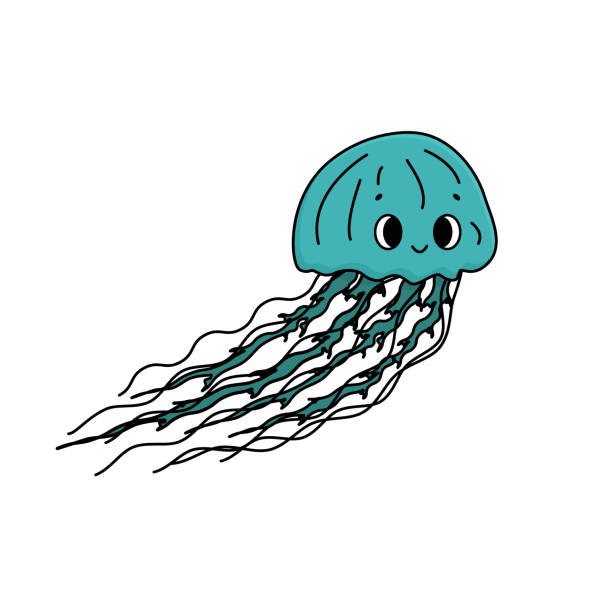 niebieski kontur wektor doodle kreskówka meduzy uśmiecha. galaretka morska jest szczęśliwa, ma dobre emocje i długie macki. zwierzę jest izolowane na białym tle. - underwater mine stock illustrations