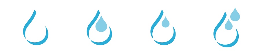 Vector illustration of blue water drop icon set. Flat droplet logo and mascot collection. Blue drops are isolated on white background.