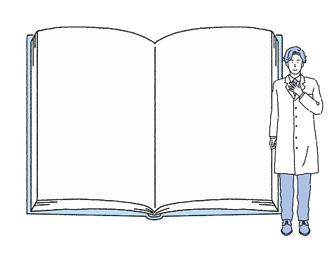 Illustration of a large open book and a doctor