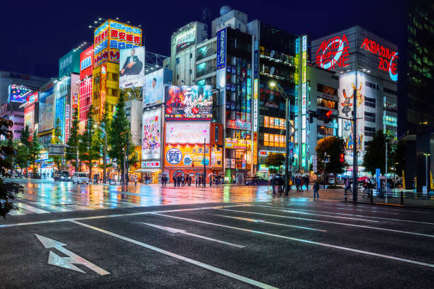秋葉原の建物のネオンライトと看板広告(東京) - 秋葉原 ストックフォトと画像