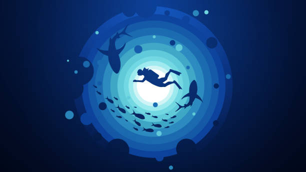 Silhouette of scuba diver and coral reef with fish in blue round vector illustration. Silhouette of scuba diver and coral reef with fish in blue round vector illustration. Concept of underwater adventure. undersea diver stock illustrations