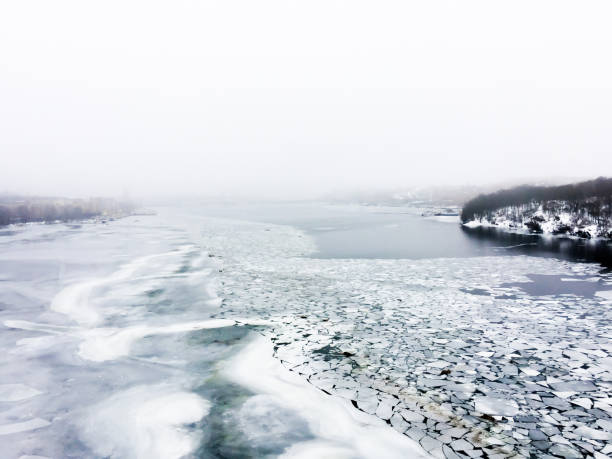 Drift ice on water in Stockholm, Sweden. Foggy day. Winter in Sweden.