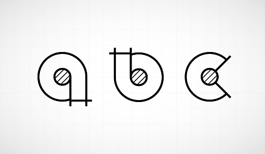 Architech font. Letters lower case abc. Graphic black and white alphabet. Linear drawing alphabet for banners, logos and texts. Vector illustration.