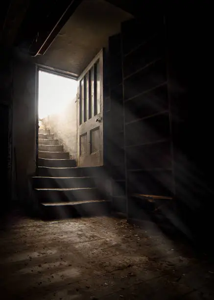 Photo of Dark wooden cellar door open at bottom of old stone stairs bright sun light rays shining in