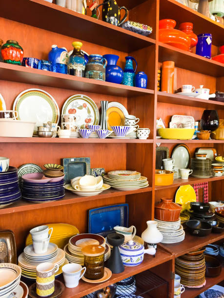 Retro pottery, scandinavian style, for sale at antique shop. Retro pottery, scandinavian style, for sale at antique shop in Stockholm, Sweden. Swedish souvenir. retro 1950s kitchen stock pictures, royalty-free photos & images