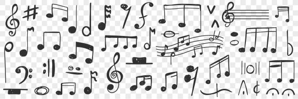 Musical notes drawings doodle set Musical notes drawings doodle set. Collection of hand drawn musical notation with notes treble clef bass clef stave and notes for writing music and education isolated on transparent background transparent background image pictures stock illustrations