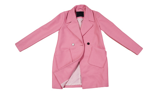 Pink wool female coat isolated on white, female stylish pink coat over white background
