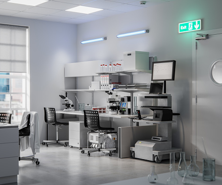 Computer graphics of a scientific lab. 3D rendering of a medical research laboratory  with microscopes on desk and computer monitor.