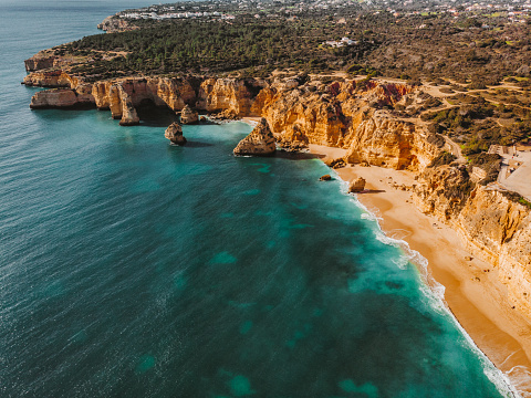 Amazing Drone Shot the Beautiful Algarve Coastline near Benagil Caves, Portugal