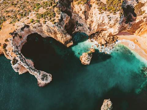 Amazing Drone Shot the Beautiful Algarve Coastline near Benagil Caves, Portugal