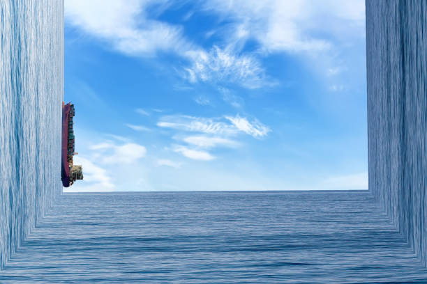 istock Creative picture bending seascape with ship. Twisted reality. Curved space 1302611698