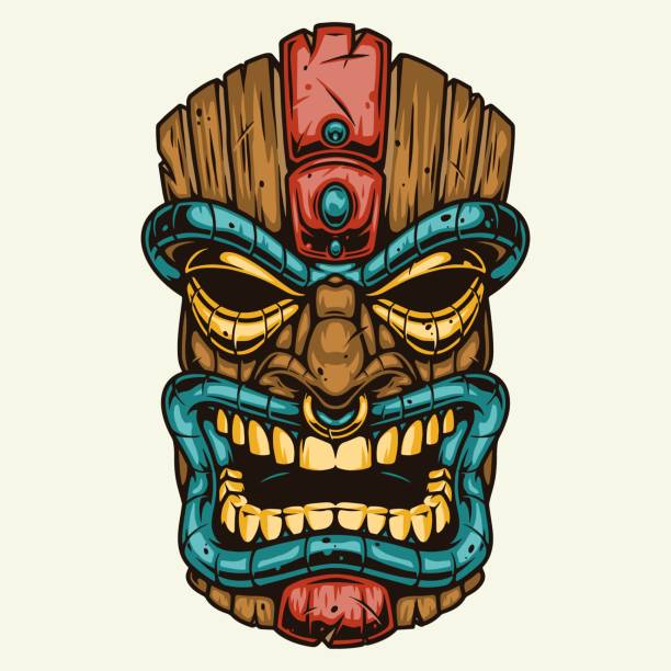 Wooden hawaiian tribal tiki mask Wooden hawaiian tribal tiki mask in vintage style isolated vector illustration tiki stock illustrations