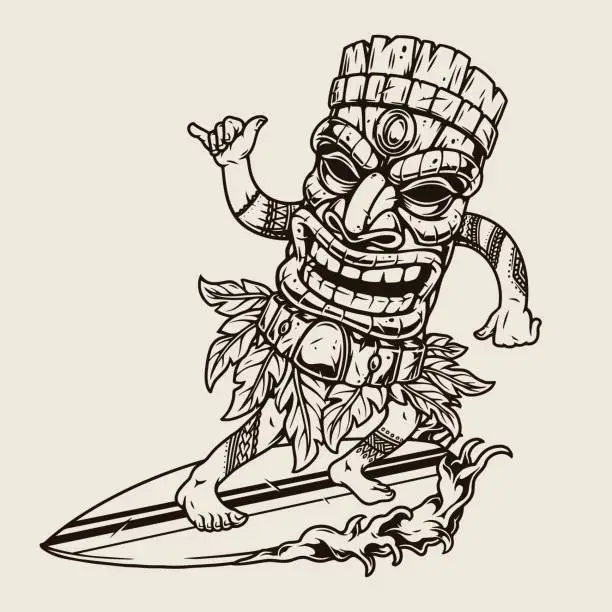 Vector illustration of Man in hawaiian tiki mask surfing wave