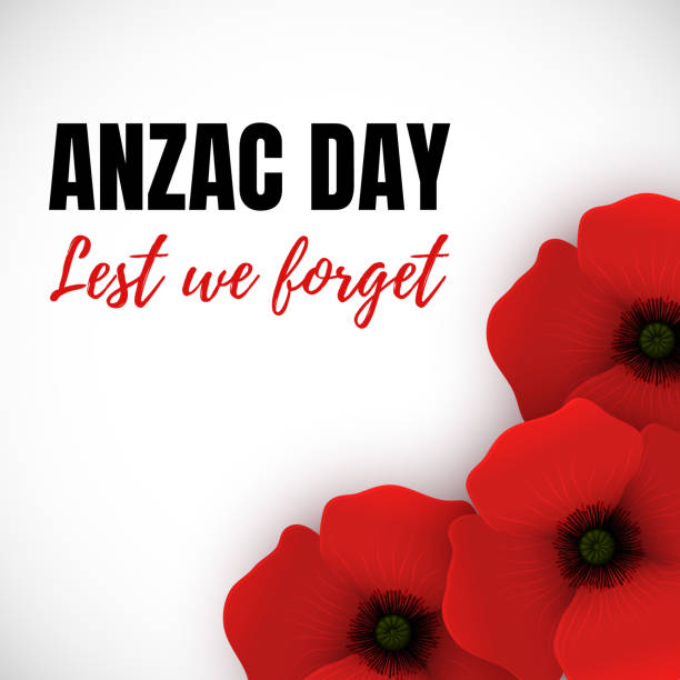 Anzac day card with red poppies Vector Banner for Anzac Day. Illustration of Red 3d Poppies at the Bottom Right. Text Lest We Forget. remembrance day background stock illustrations