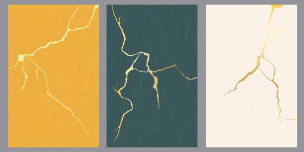 Golden cracks of kintsugi on trendy colors backgrounds. Broken glass effect, liquid marble pattern, texture templates, cover design. Vector banners set. chromis stock illustrations