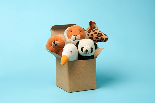 Five cute animal finger puppets came out of a paper box