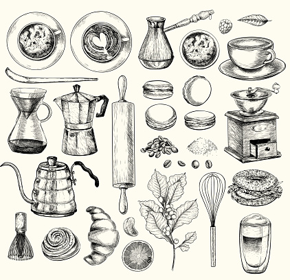 Coffeeshop and bakery set. Hand drawn coffee, matcha, croissant, macaron, kettle, mug, chasen, beans, food and barista equipment. Vector engraved icon set. Restaurant branding template, menu design