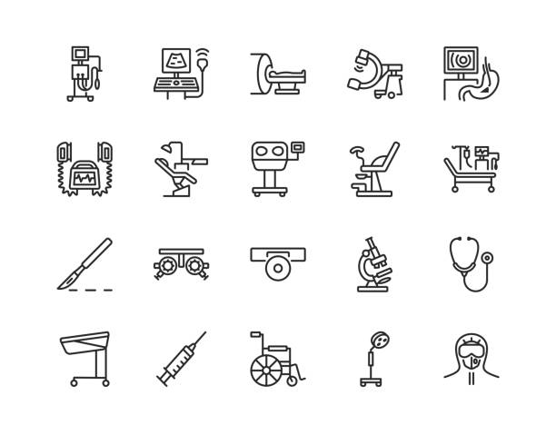 Medical examination equipment flat line icon set. Vector illustration diagnostic tools. Symbols for a complete survey of patients. Editable strokes Medical examination equipment flat line icon set. Vector illustration diagnostic tools. Symbols for a complete survey of patients. Editable strokes. radiology doctor stock illustrations