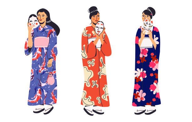 japonki w kimono z kolekcją masek kabuki . - geisha kabuki japan japanese culture stock illustrations