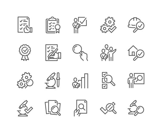 illustrazioni stock, clip art, cartoni animati e icone di tendenza di icone di ispezione linea - qualità