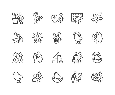 Simple Set of Personal Growth Related Vector Line Icons. 
Contains such Icons as Newbie, Skill Improvement, Professional Burnout and more. Editable Stroke. 48x48 Pixel Perfect.
