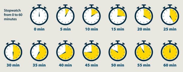 Stopwatch timer from 0 to 60 minutes Stopwatch starts from 0 to 60 minutes. Vector graphic design. stopwatch stock illustrations