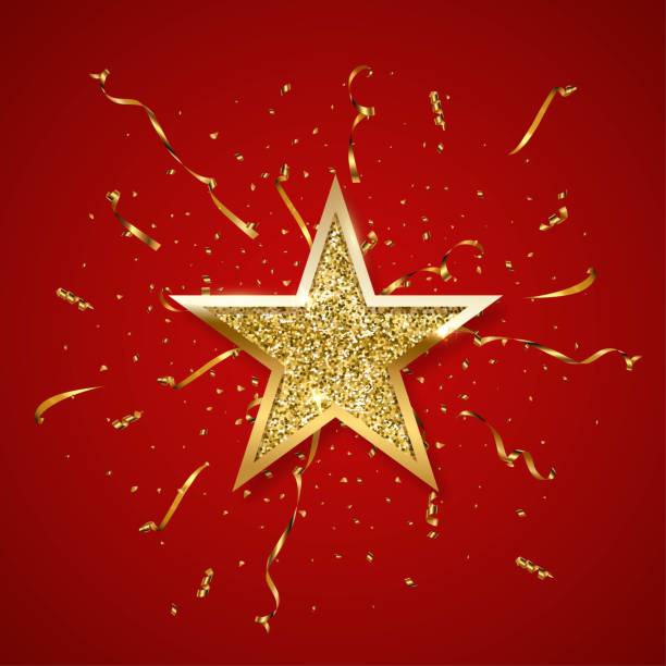 ilustrações, clipart, desenhos animados e ícones de estrela de brilho dourado com moldura dourada no fundo vermelho com confete e serpentina. enfeite de natal brilhante ilustração vetorial emblema. elemento de decoração abstrata criativa brilhante para celebração - star shape confetti red nobody