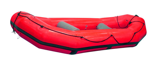 red inflatable boat isolated - wooden raft imagens e fotografias de stock