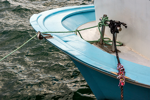 Pellestrina - Venice, Italy - October 23, 2023. Old fishing boat  in Venetian Lagoon.