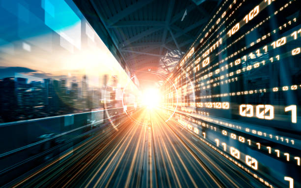 istock Digital data flow on road with motion blur to create vision of fast speed transfer 1302629116