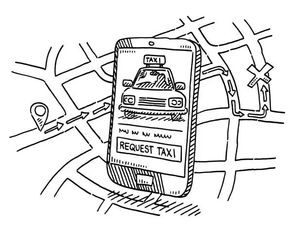 Vector illustration of Smartphone Taxi App And Route Map Drawing
