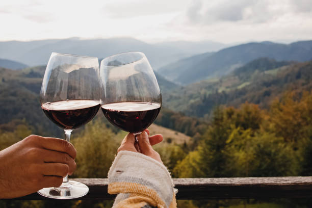 hombre y mujer clinking con copas de vino tinto con una vista panorámica de la montaña. - clunking fotografías e imágenes de stock