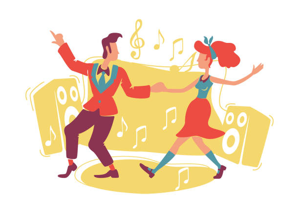 ilustraciones, imágenes clip art, dibujos animados e iconos de stock de boogie woogie bailando banner web vectorial 2d, póster. rock n roll bailarines personajes planos sobre fondo de dibujos animados. pareja retro en la pista de baile. parches imprimibles de la vieja escuela, elementos web coloridos - 1950s style 1960s style dancing image created 1960s