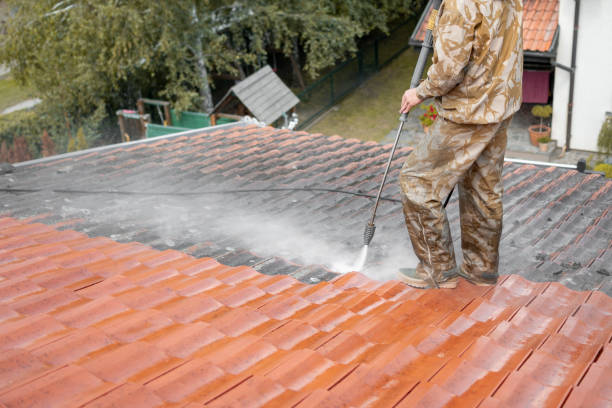 istock Professional in uniform using special equipment to remove dirt from rooftop. 1302631807