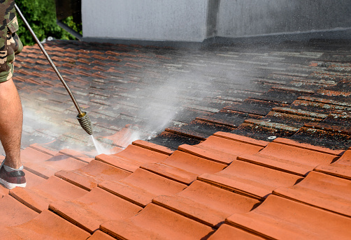 Rooftop washing. Clean roof tiles vs. dirt and lichen.