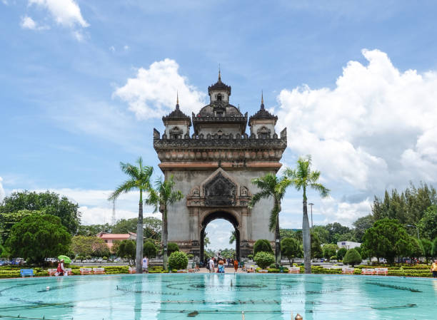 Vientiane, Vientiane, Laos- September 1, 2018: Patuxai Triumphal (Victory) Arch with pool, Vientiane, Laos.