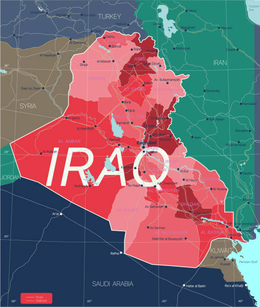 Irak country detailed editable map Irak country detailed editable map with regions cities and towns, roads and railways, geographic sites. Vector EPS-10 file euphrates syria stock illustrations