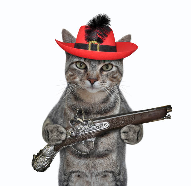 istock Cat gray in red hat holds old pistol 1302634553