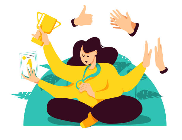 A young multi-armed woman in a yellow sweater accepts awards: cups, certificates, medals. The concept of success in multitasking activities. Vector illustration. A young multi-armed woman in a yellow sweater accepts awards: cups, certificates, medals. The concept of success in multitasking activities. multi medal stock illustrations