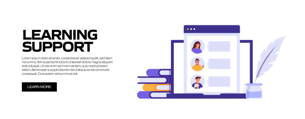 ilustrações de stock, clip art, desenhos animados e ícones de learning support concept vector illustration for website banner, advertisement and marketing material, online advertising, business presentation etc. - notebook dictionary book contemporary