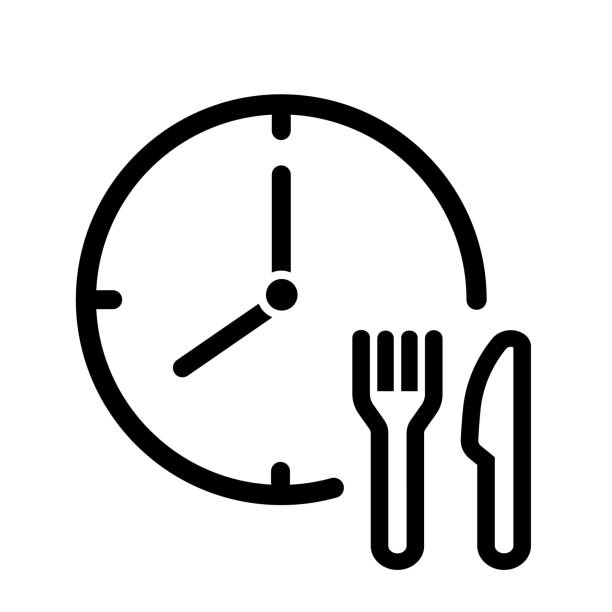 czas еating, zegar, łyżka i nóż.  szybka dostawa lub ekspresowa dostawa usługa dla aplikacji i strony internetowej dla koncepcji zamówienia żywności. - lunch clock healthy eating plate stock illustrations