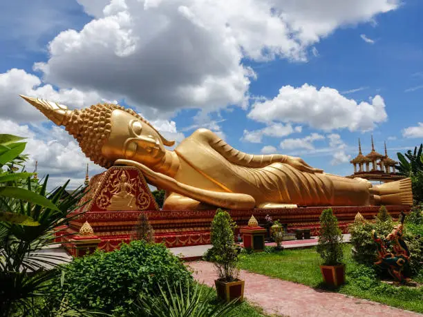 Golden Reclining Buddha at Vat That Khao, Vientiane, Laos.