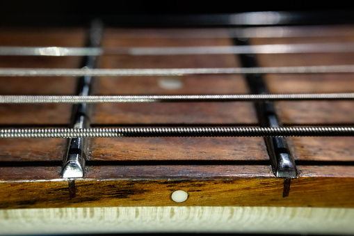 A very close view of an electric rock guitar fretboard and headstock