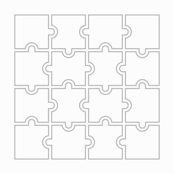 16 white puzzles Sixteen blank puzzle pieces. Puzzle for web, information or presentation design, infographics. White puzzle on white background. Vector illustration XVI stock illustrations