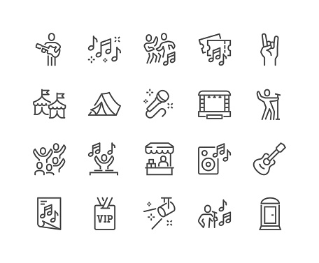 Simple Set of Music Festival Related Vector Line Icons. 
Contains such Icons as Singer, Stage, Happy People in Crowd and more. Editable Stroke. 48x48 Pixel Perfect.