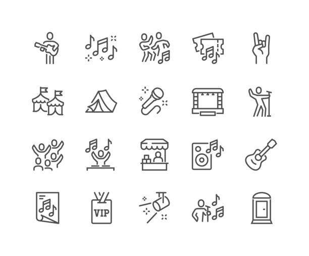 Line Music Festival Icons Simple Set of Music Festival Related Vector Line Icons. 
Contains such Icons as Singer, Stage, Happy People in Crowd and more. Editable Stroke. 48x48 Pixel Perfect. microphone symbols stock illustrations