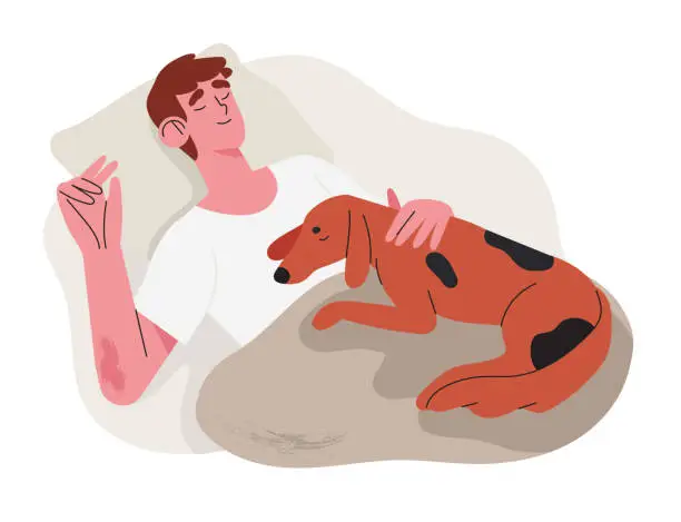 Vector illustration of Man sleep comfortably and relaxed in his bad with pet dog puppy late at night. Concept of orthopedic or countour memory foam pillow or duvet shop and other accessories for healthy night sleep.