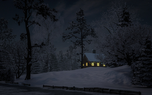 Digitally generated log cabin with shining windows and Christmas lights in wintry night landscape.

The scene was rendered with photorealistic shaders and lighting in Autodesk® 3ds Max 2020 with V-Ray 5 with some post-production added.