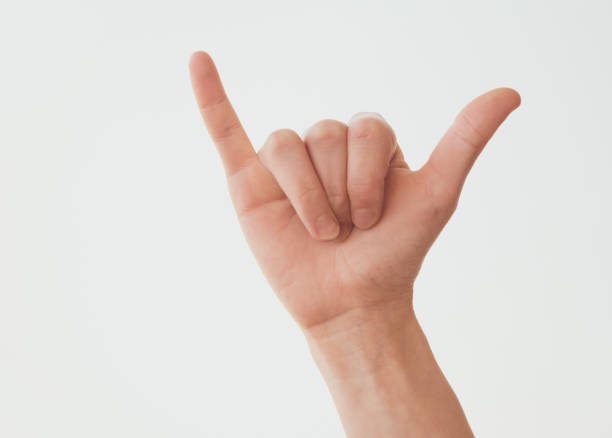istock Woman hand in shaka or calling gesture on a white isolated background 1302639590